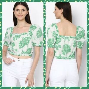 NWT AMERICAN EAGLE SquareNeck Puff Sleeve Bubble CropTop Sz M Green&White Floral